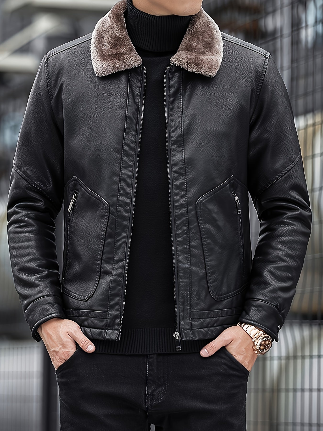 Veste en cuir végétalien doublée de molleton Casual avec poche zippée chic pour hommes | Parfait pour les jours décontractés