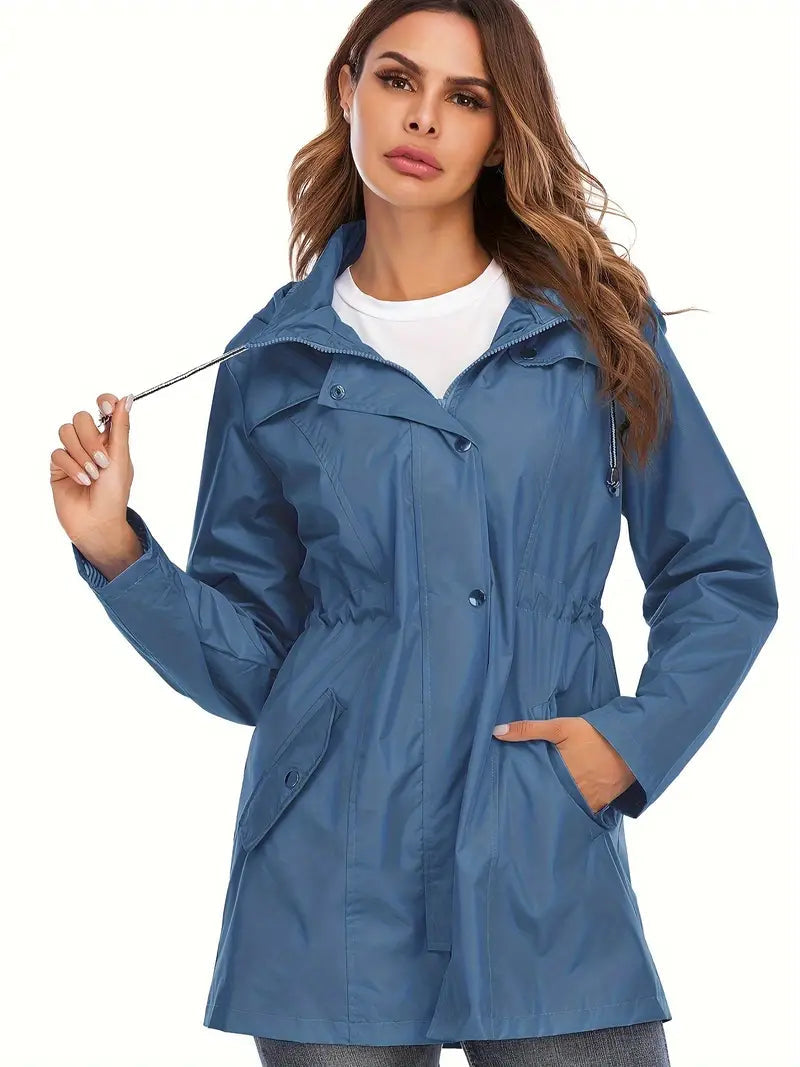 Veste de pluie stylée en bleu, longueur moyenne avec fermeture éclair et capuche pour femmes | Idéal pour l'automne/hiver