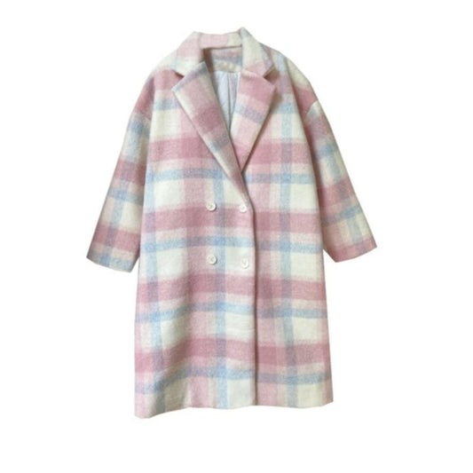 Manteau pour femme en laine mélangée à carreaux pastel et à double boutonnage