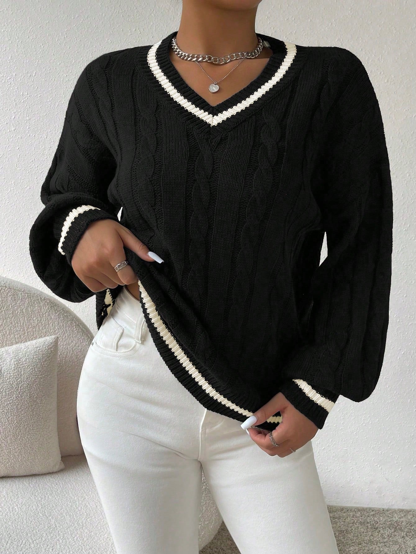 Ywenna Sweater | Pull décontracté en tricot torsadé rayé