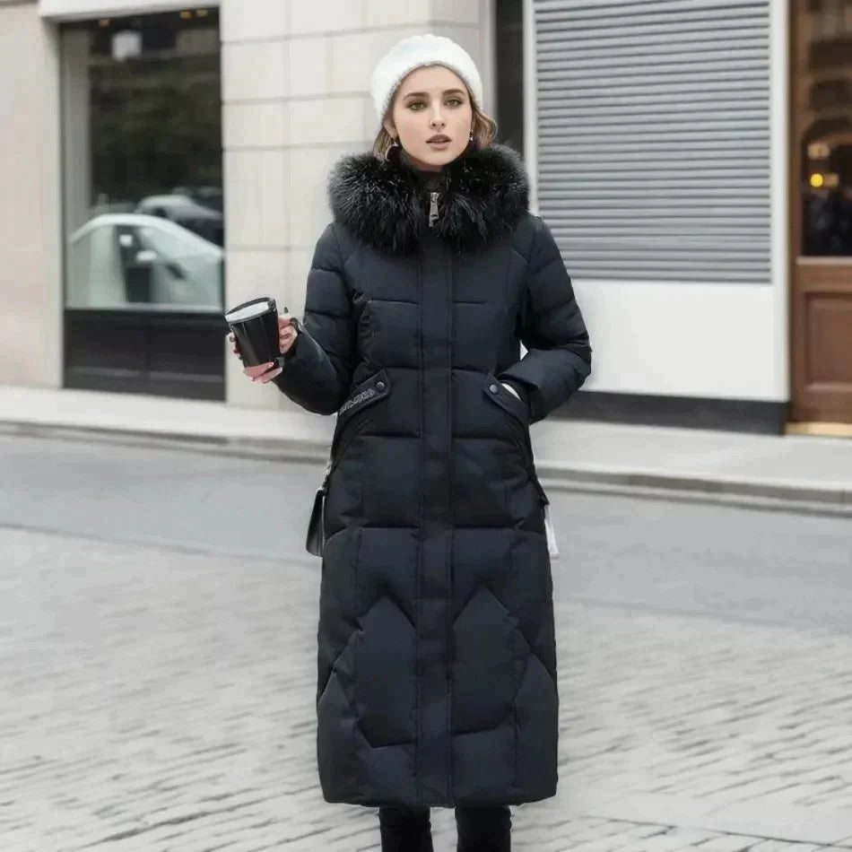 Marine - Manteau d'Hiver Nordiva avec Fausse Fourrure: Long et Élégant