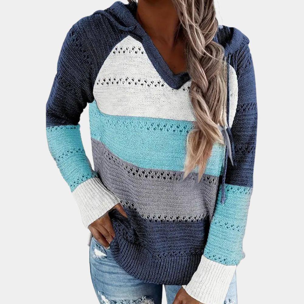 Pull multicolore à capuche avec col V profond pour un apparence stylé