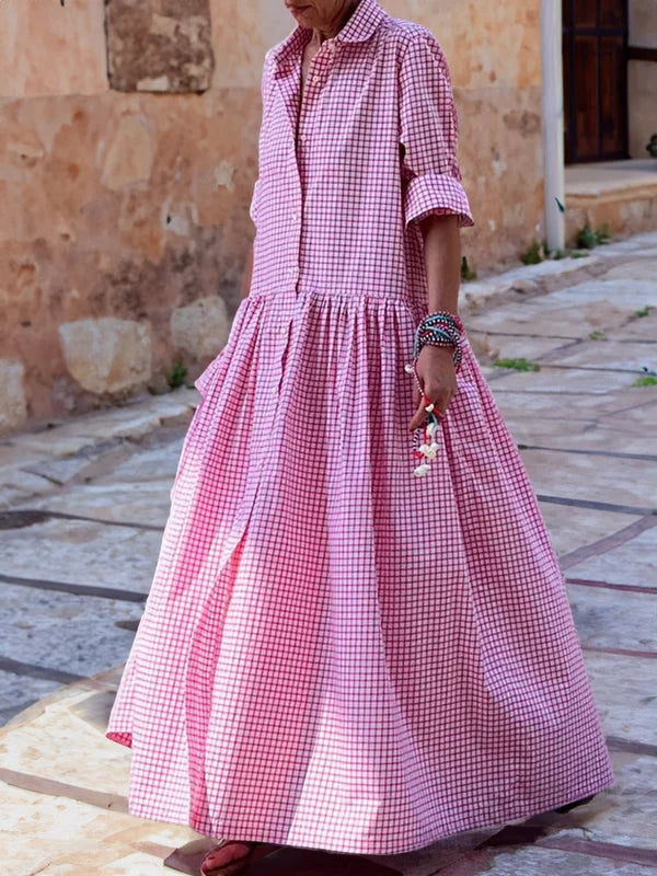 Cotton Linen Checked Dress : Casual Comfort With Long Sleeves (Robe à carreaux en coton et lin : confort décontracté et manches longues)