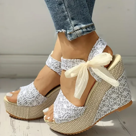 Lace Up Peep Toe Wedges Heels