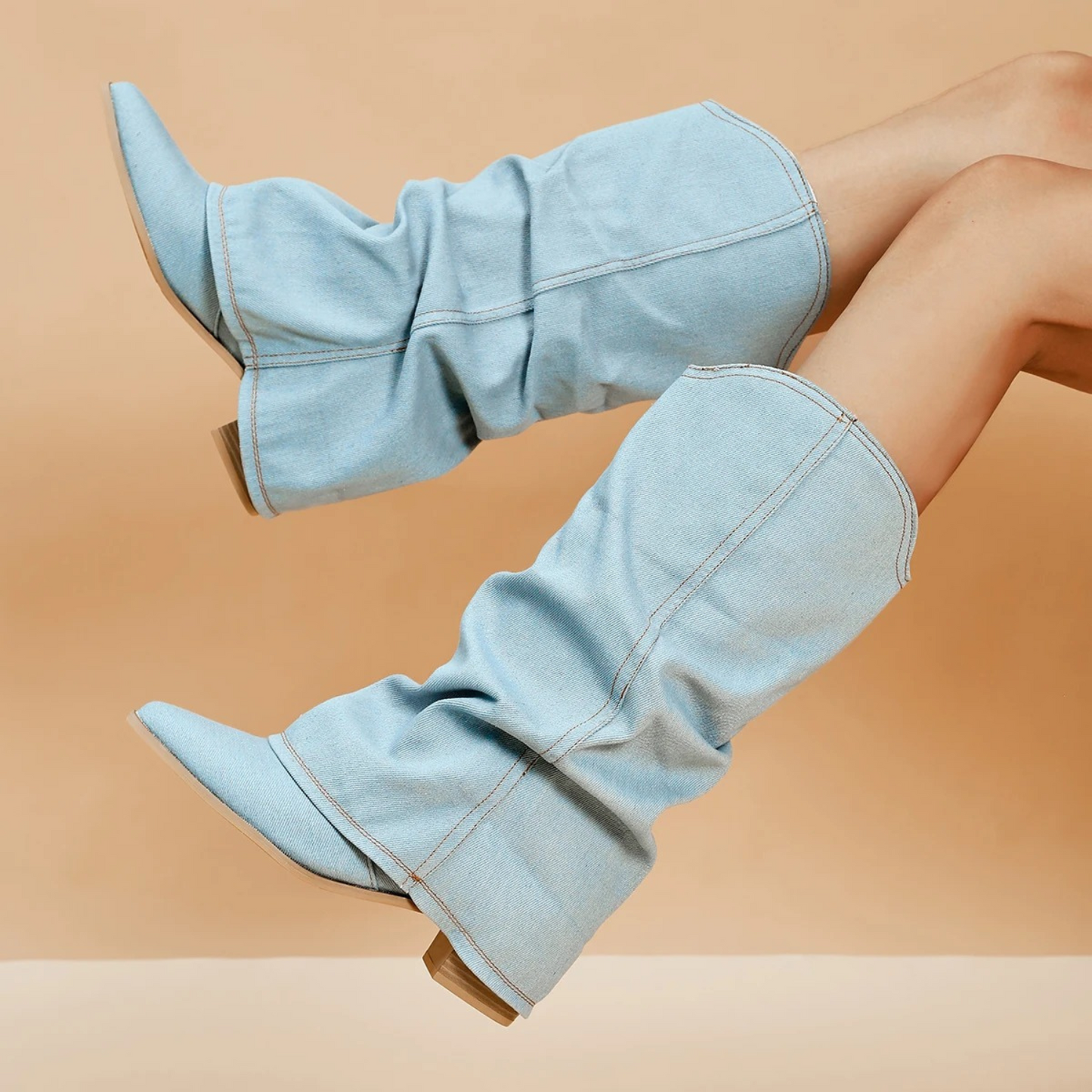 Franjes - Bottes en denim pliées avec talon bloc