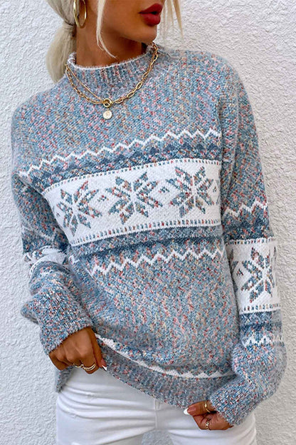 Pull élégant avec motif flocon de neige et col contrasté