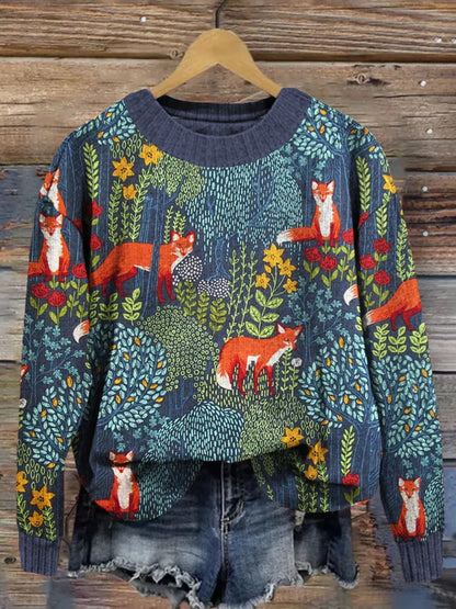 Wyrna Sweater | Pull tricoté imprimé renard de forêt vintage