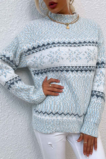 Pull élégant avec motif flocon de neige et col contrasté