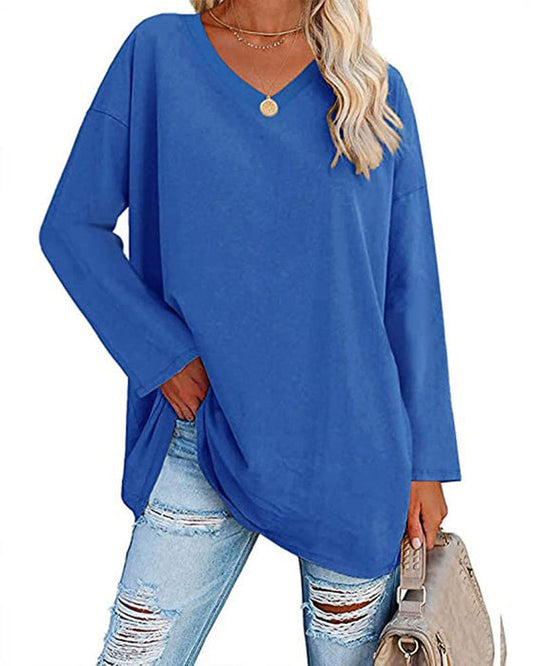 Blouse unie pour femme avec manches longues et encolure en V