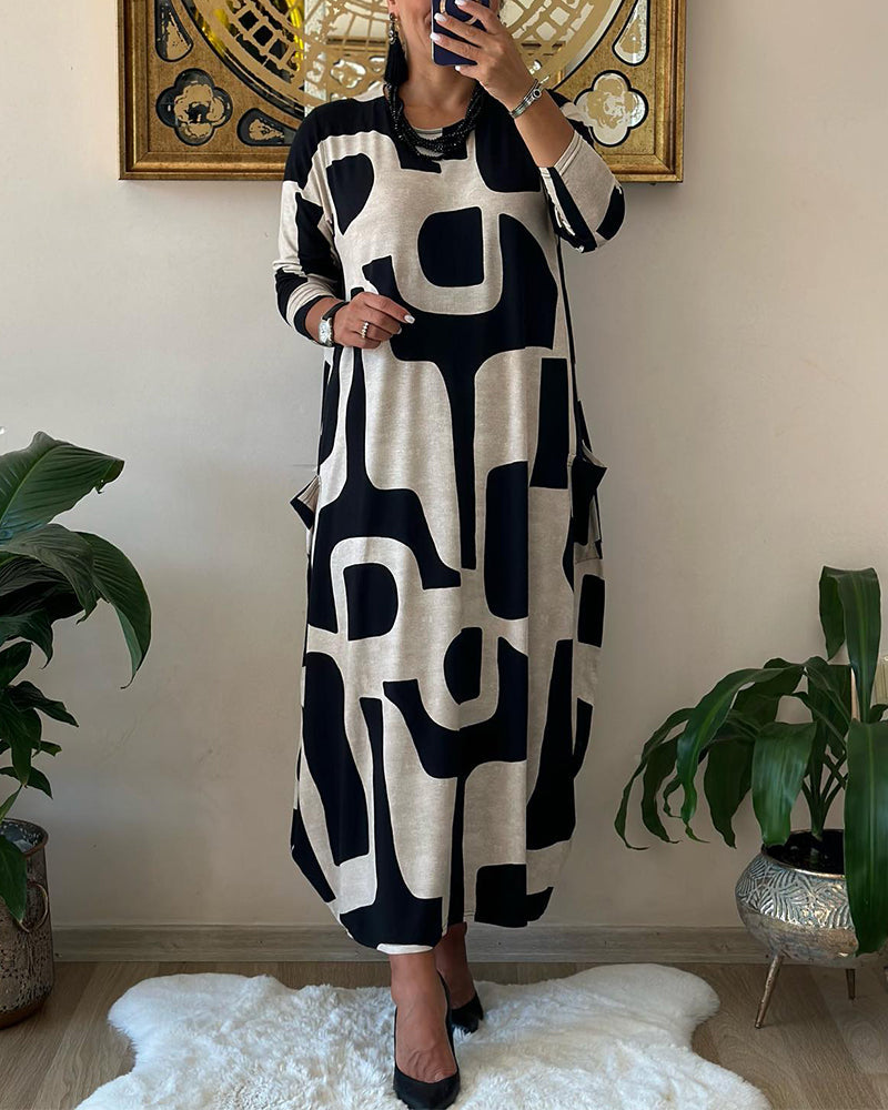 Robe à manches longues avec imprimé noir et blanc