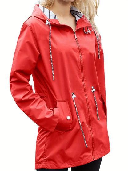 Veste de pluie imperméable décontractée avec capuche et manches longues, mi-longue pour femmes | Parfait pour l'automne/hiver