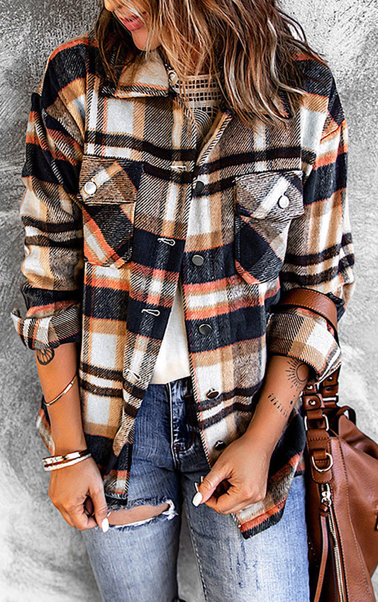 Veste Plaid Confortable avec Boutons et Poches