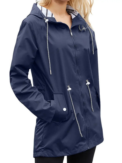 Veste de pluie imperméable décontractée avec capuche et manches longues, mi-longue pour femmes | Parfait pour l'automne/hiver