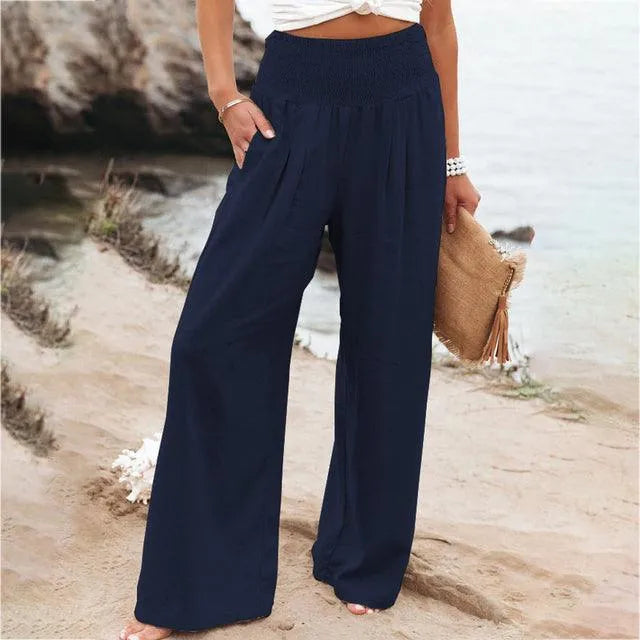 Pantalon d'été pour femme - Chic décontracté - Mélange de coton et de lin - Idéal pour les occasions estivales