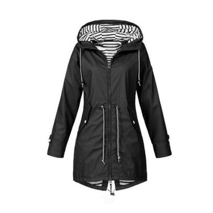 Veste de pluie imperméable élégante avec capuche, fermeture éclair et poches pour femmes | Parfait pour l'automne/hiver