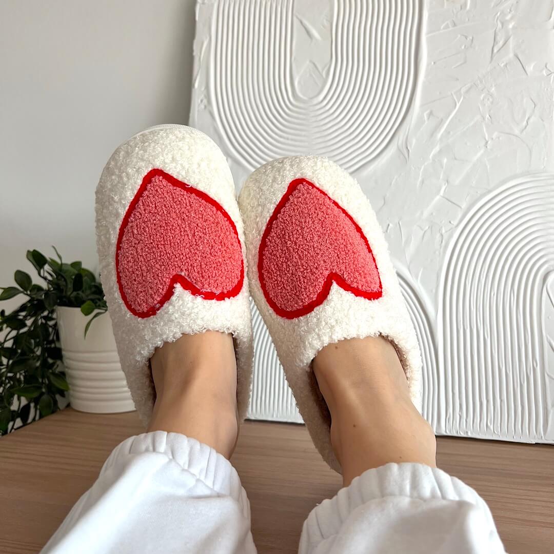 Cœur d'amour Chaussons | Blanc - Mignon et confortable - Cadeau parfait pour l'hiver