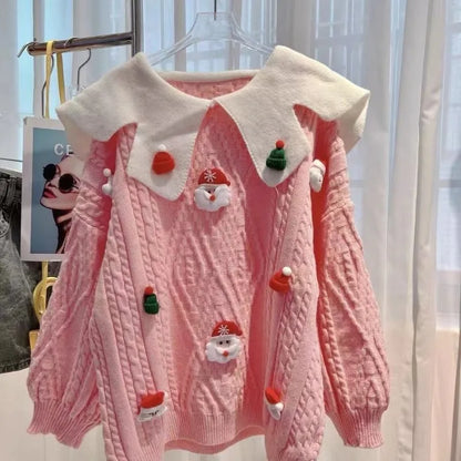 Hannes - Pull chaud en tricot avec encolure pop et personnages de Noël au crochet pour femmes