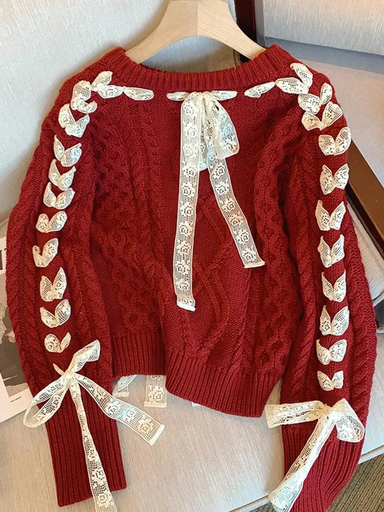 Valentine - Pull chaud en maille avec fils de dentelle et nœud pour femme