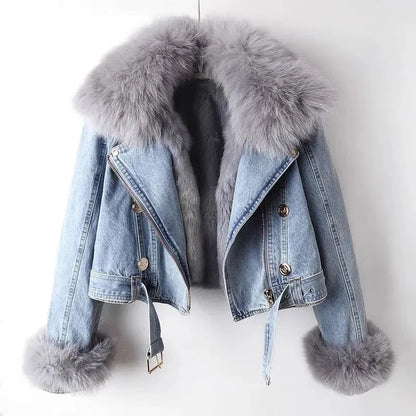 Veste en denim avec fourrure pour femme