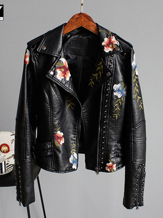 Veste en cuir pour femmes avec fleurs brodées