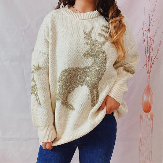 Eileen - Pull en tricot col rond avec cerfs de Noël pour femme