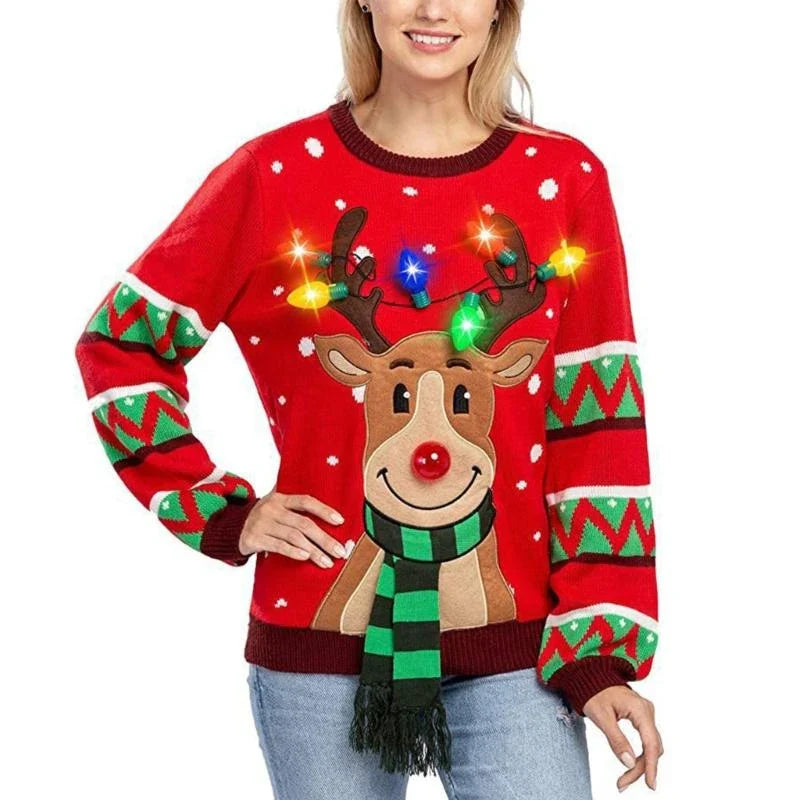 Maren - Pull en tricot avec renne caricatural de Noël et lumières LED pour femmes