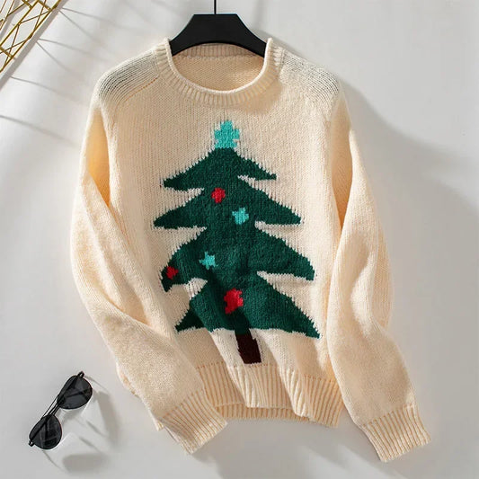 Aieke - Pull chaud en tricot à col rond avec impression de sapin de Noël pour femme