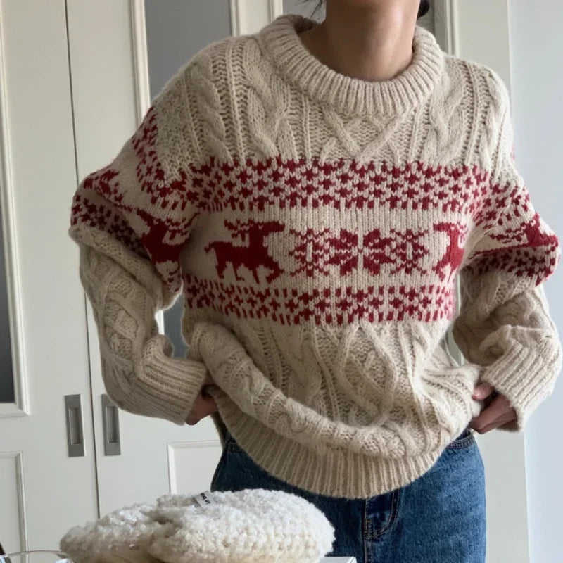 Steffi - Pull en tricot à col rond avec patchwork de Noël pour femme