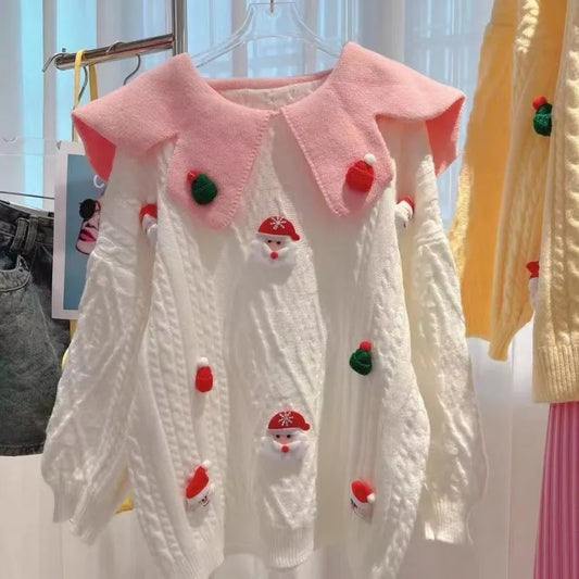 Hannes - Pull chaud en tricot avec encolure pop et personnages de Noël au crochet pour femmes