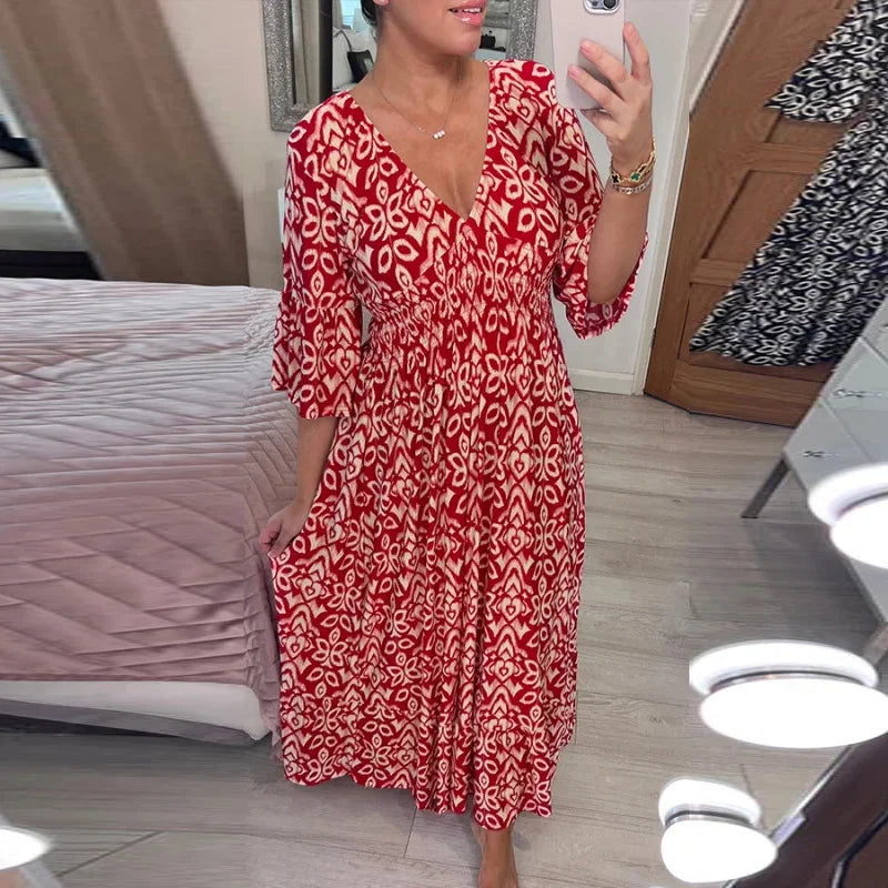 Venu™ | Robe Boho Décontractée à Décolleté en V et Manches Mi-Longues