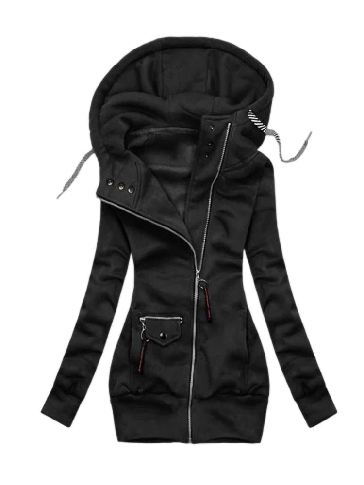 Women Fashion Smart Jacket With Hood | Long Sleeve Drawstring Jacket Zip Outerwear