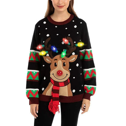 Maren - Pull en tricot avec renne caricatural de Noël et lumières LED pour femmes