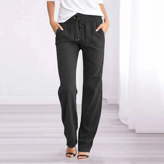 Pantalon en lin pour femme - Décontracté - Matière respirante, ceinture élastique - Parfait pour une journée décontractée