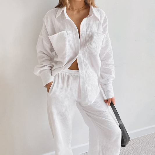 Angela - Ensemble Blanc en Coton Confortable pour l'Automne pour Femmes