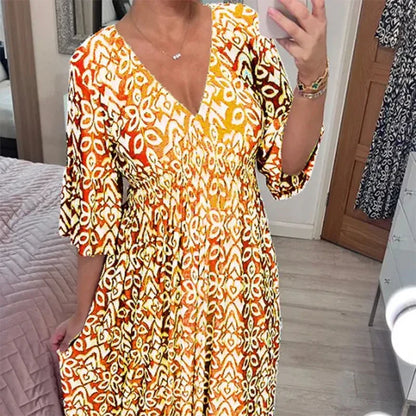 Venu™ | Robe Boho Décontractée à Décolleté en V et Manches Mi-Longues