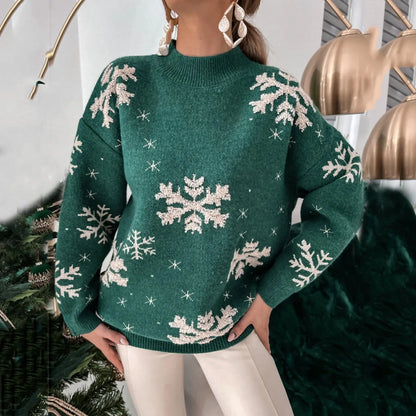 Lea - Pull chaud en tricot à col rond avec imprimé flocons de neige de Noël pour femme