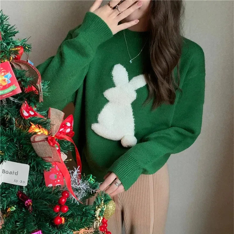 Luisa - Pull chaud en tricot à col rond avec lapin de Noël en relief pour femmes