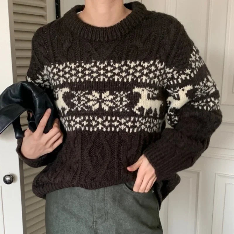 Steffi - Pull en tricot à col rond avec patchwork de Noël pour femme