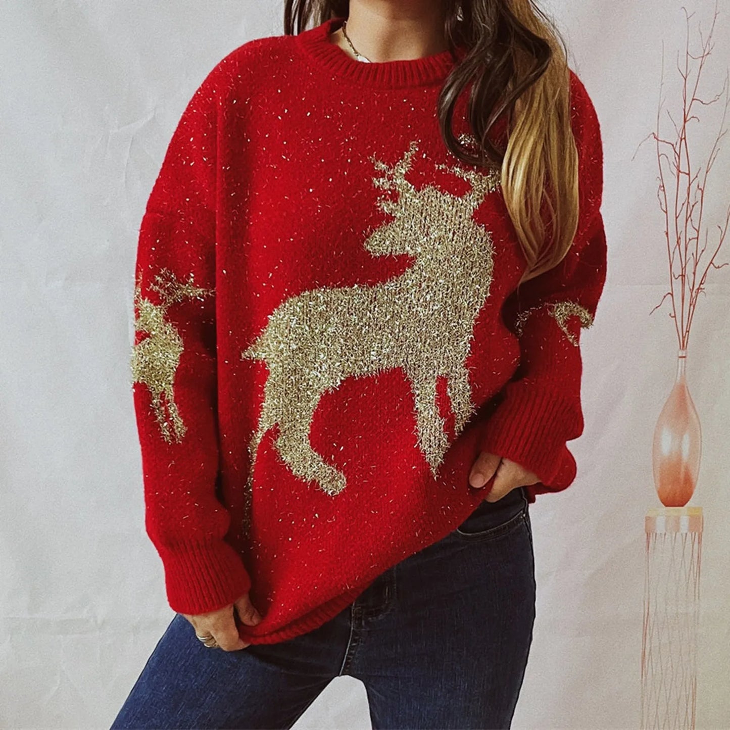 Eileen - Pull en tricot col rond avec cerfs de Noël pour femme