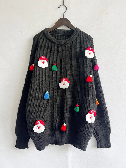 Birgit - Pull chaud en tricot jacquard à col rond avec figures de Noël au crochet pour femmes