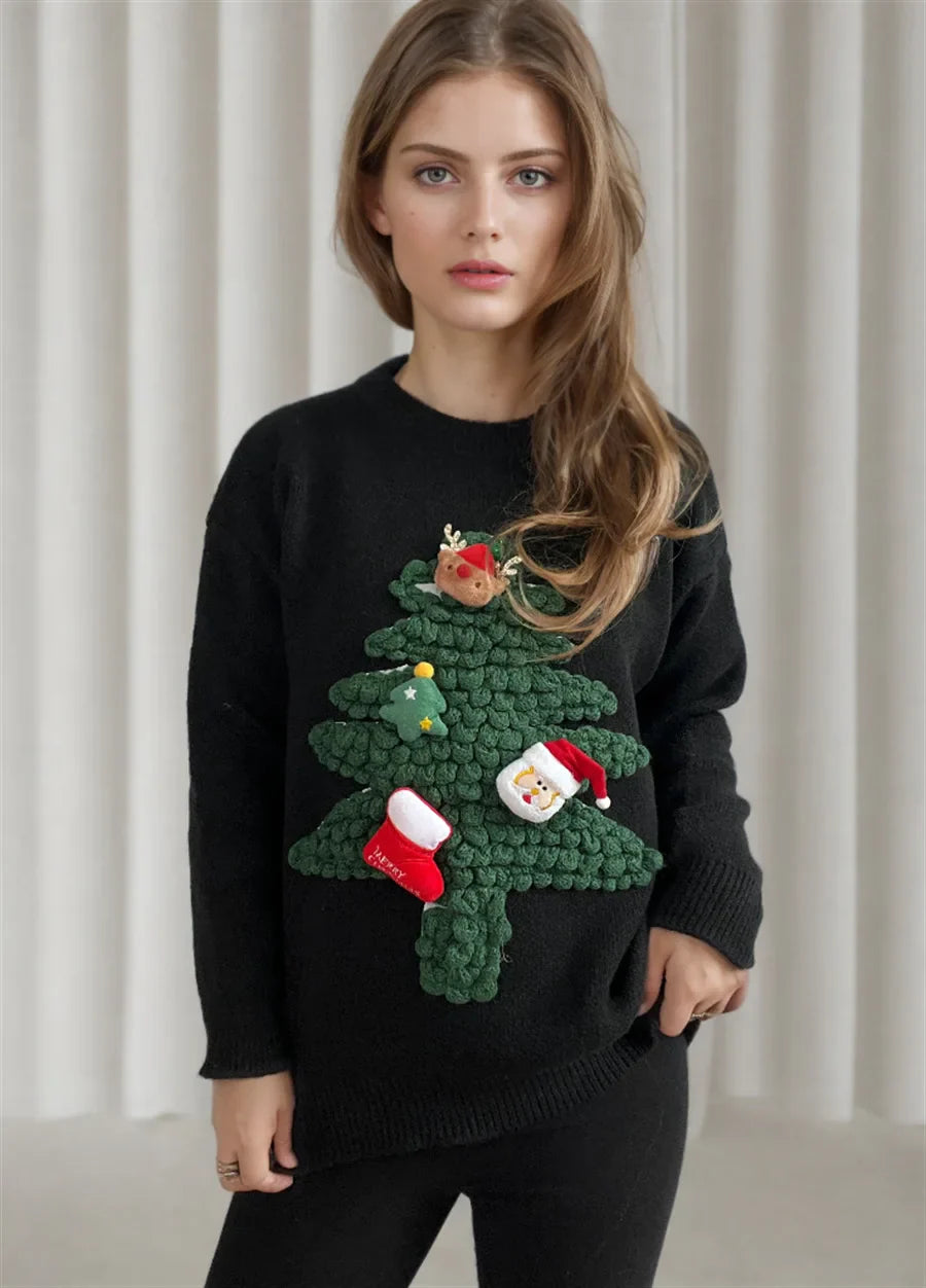 Linda - Pull chaud à col rond avec arbre de Noël en flocage 3d pour femme