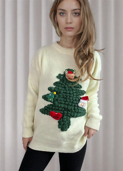 Linda - Pull chaud à col rond avec arbre de Noël en flocage 3d pour femme