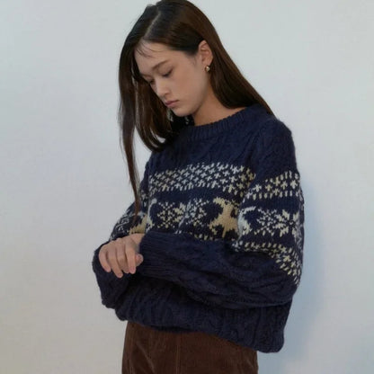 Steffi - Pull en tricot à col rond avec patchwork de Noël pour femme