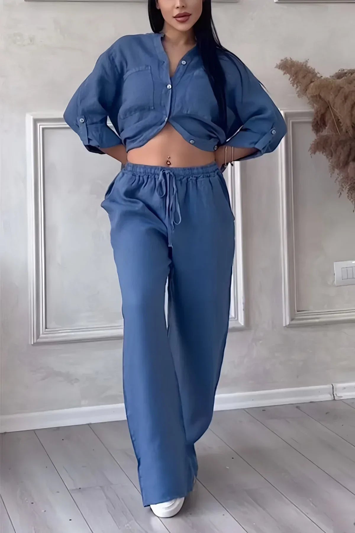 Abi - Ensemble Automnal Stylé avec Top et Pantalon en Lin pour Femmes