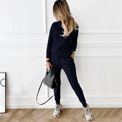 Ensemble pull à col roulé rayé et pantalon élastique - Yvette