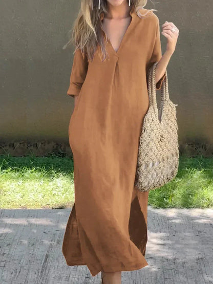 Stella - Robe en lin uni avec encolure en V et pochette