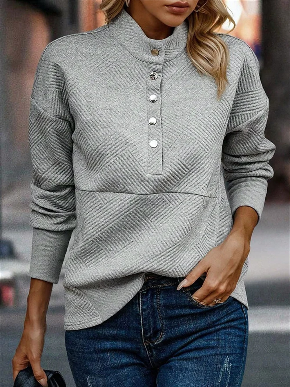 Pull long à col en V pour femmes - décontracté texturé avec manches colorées en Gris