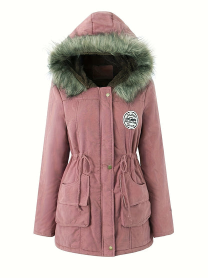 Veste d'hiver chaude en coton rembourré avec col en fourrure synthétique pour femmes | Idéal pour l'automne/hiver