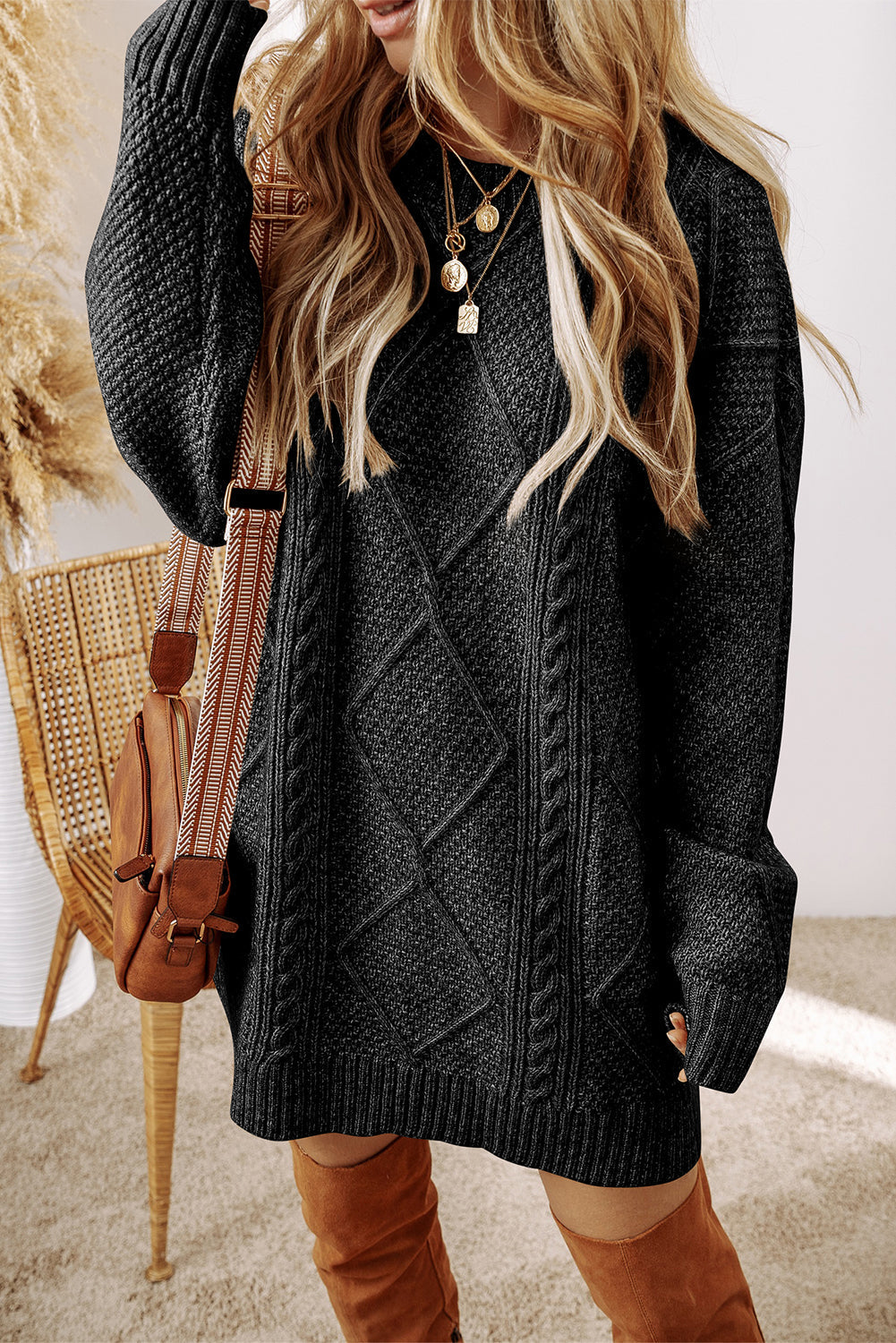 Xalita Sweater Dress | Loose Fit Cable Knit Sweater Dress