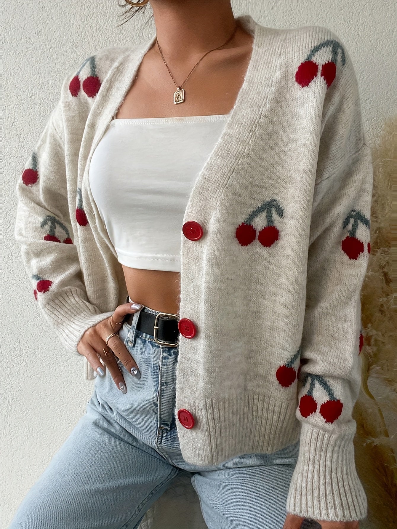 Veste / cardigan boutonné décontracté pour femmes avec motif de cerises | Léger - chaud - Parfait pour l'automne/hiver